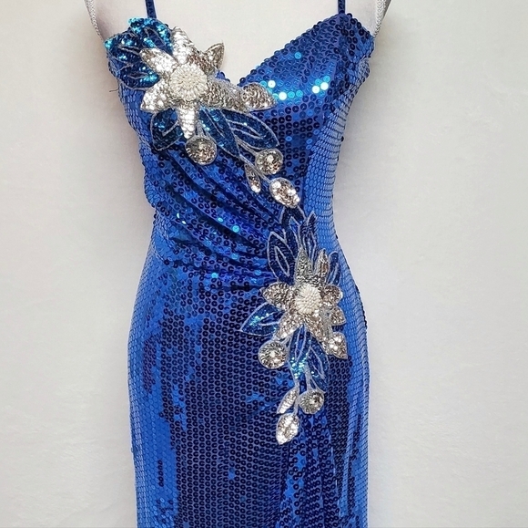 VINTAGE Alyce Designs Blue Silver Sequin Floral Bustier Side Slit Maxi Dress M - Picture 6 of 16